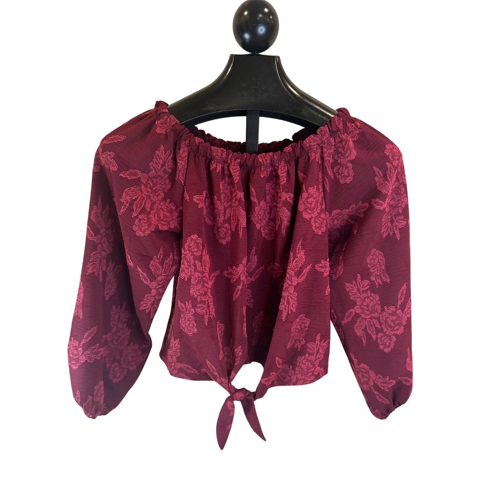 NWT Wild Moss Burgundy Floral Off Shoulder Tie Front Crop Top Size S‎